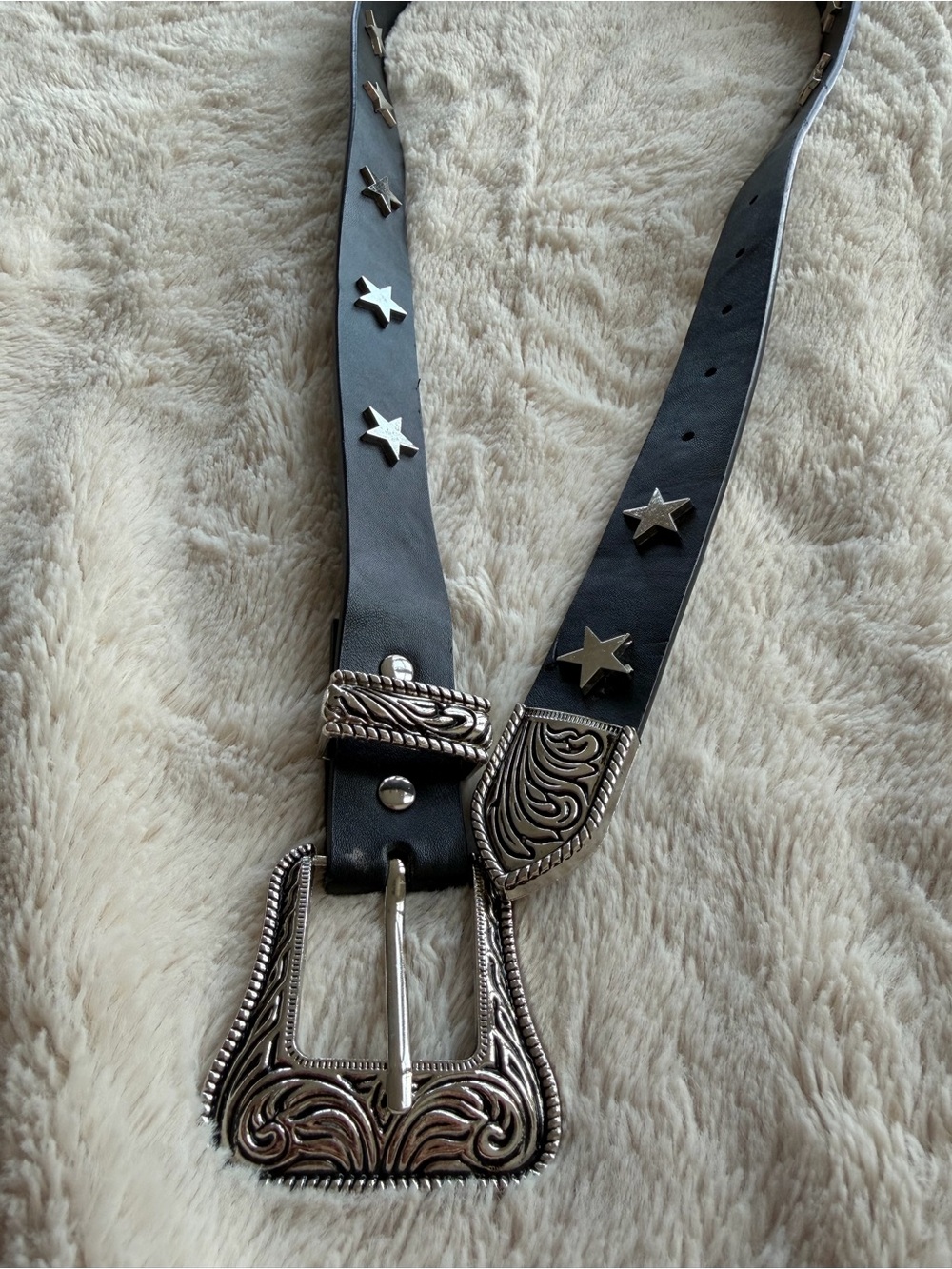 Women’s Black Star Stud Western Belt with Ornate Silver Buckle